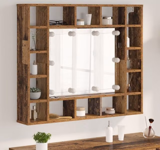 Berkfield Home Wall-mounted Mirror Cabinet with LED Strip Lights and Internal Shelves in Brown Old Wood