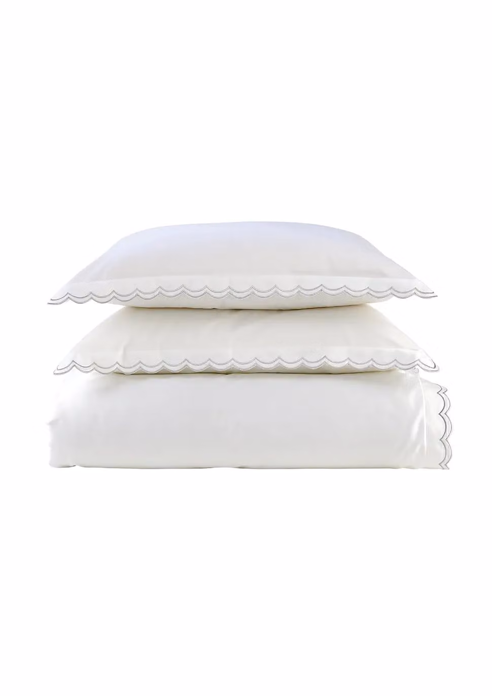 CHRISTY Scallop Edge Grey Cotton Mako Satin Duvet Cover Set, W: 180 cm, H: 200 cm