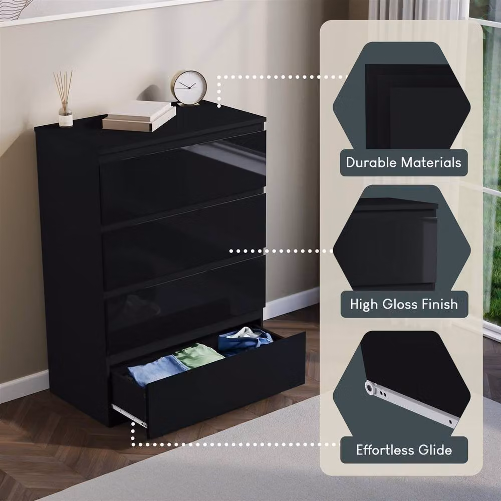 Kelvenix Black Modern Gloss 4 Drawer Bedside Chest of Drawers with Soft Close Drawers – 4