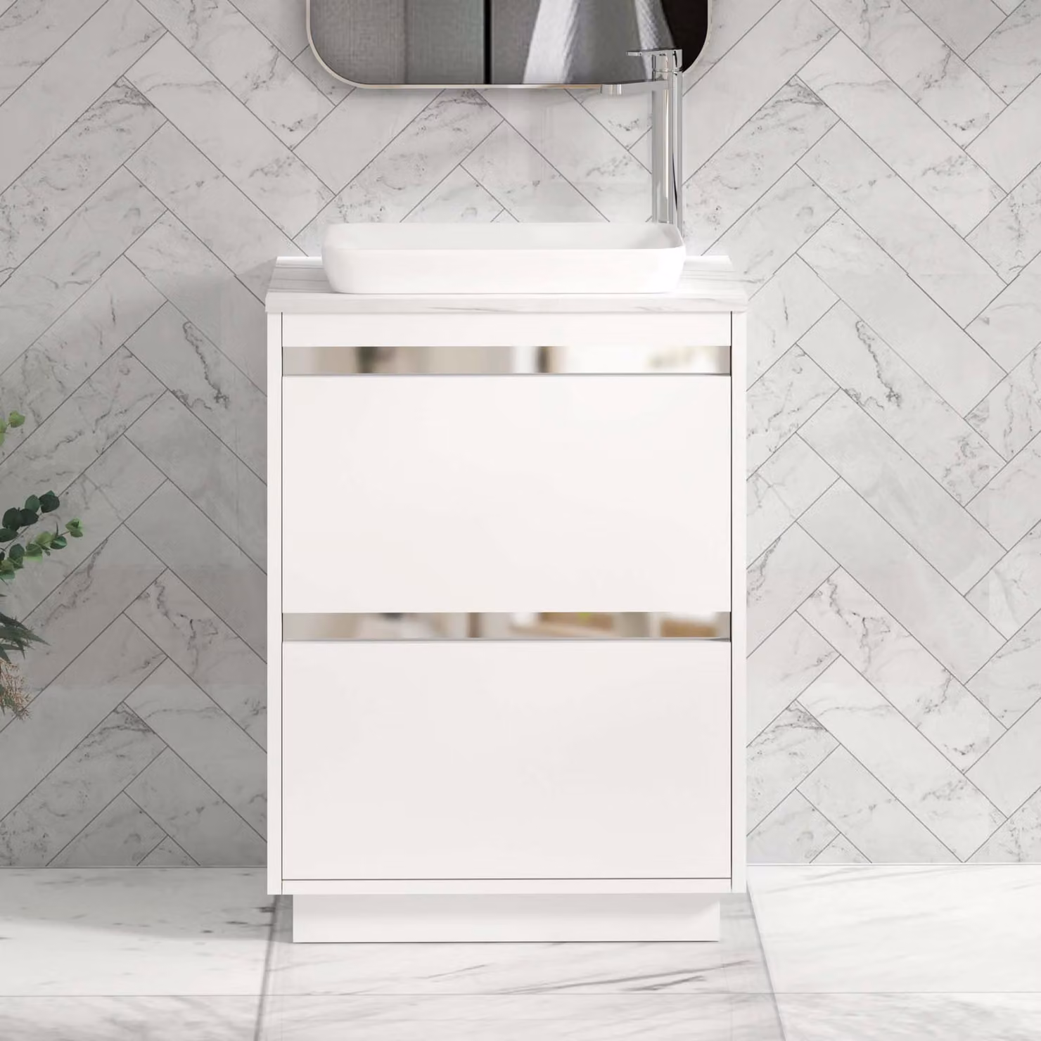Royal Bathrooms Orion 800mm Matt White Floor Standing 2 Drawer Vanity Unit with Qubix Basin and Chrome Accent Trim