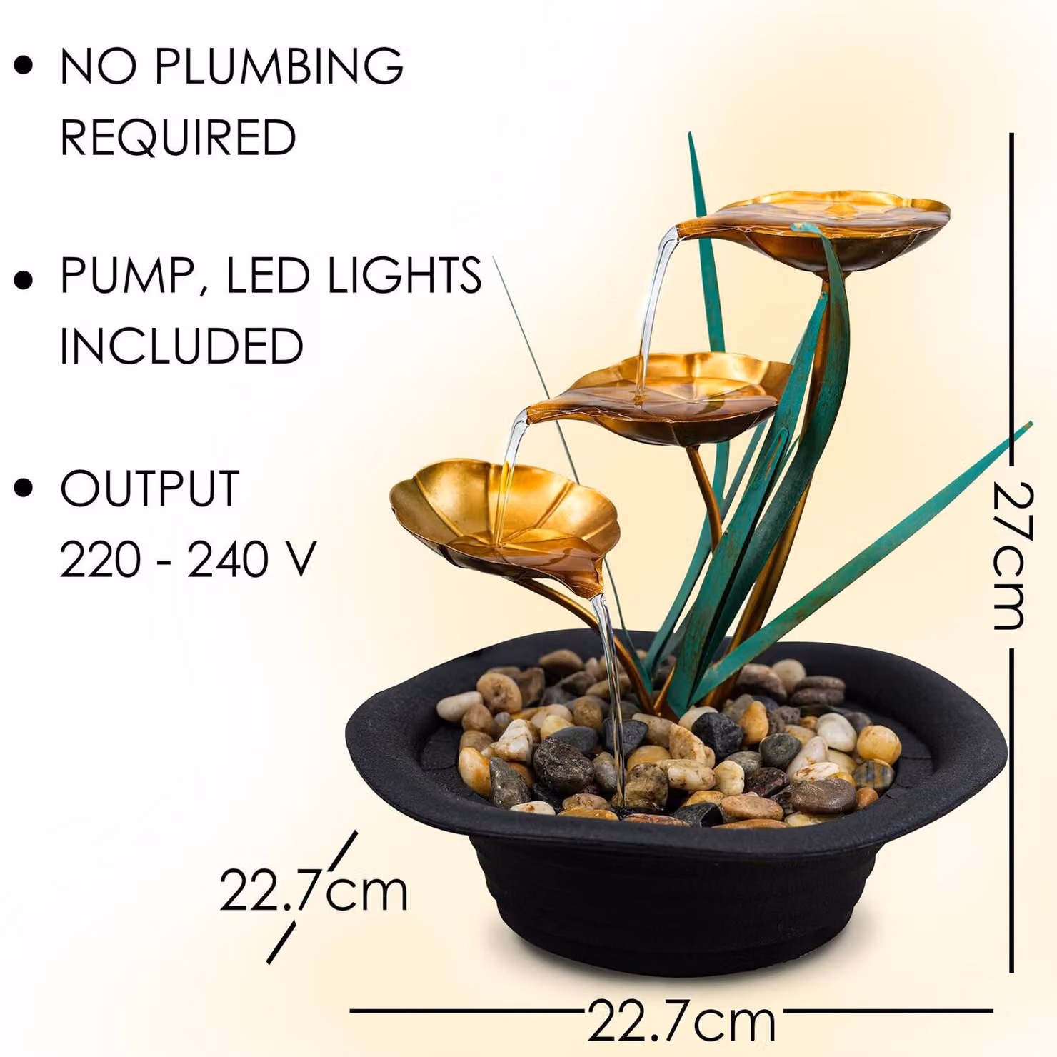 GEEZY Indoor Tabletop Water Fountain with Lotus Design and LED Lights, Green and Multicolour – 3