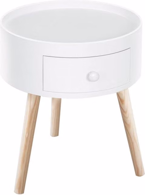 STILVORA Round Side Table with Drawer and Wooden Legs, White, W: 38 cm, H: 45 cm – 1
