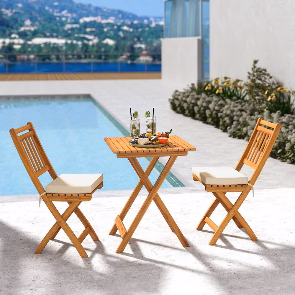 Costway Acacia Wood Folding Bistro Set with White Cushions for Garden, Terrace or Balcony – 7