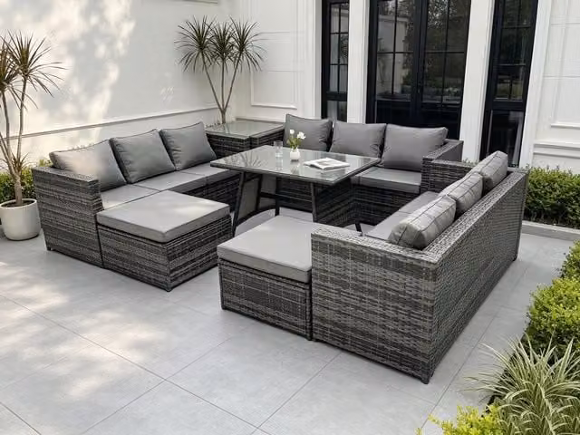 Fimous 11 Seater Rattan Outdoor Lounge Sofa and Garden Dining Set in Dark Grey