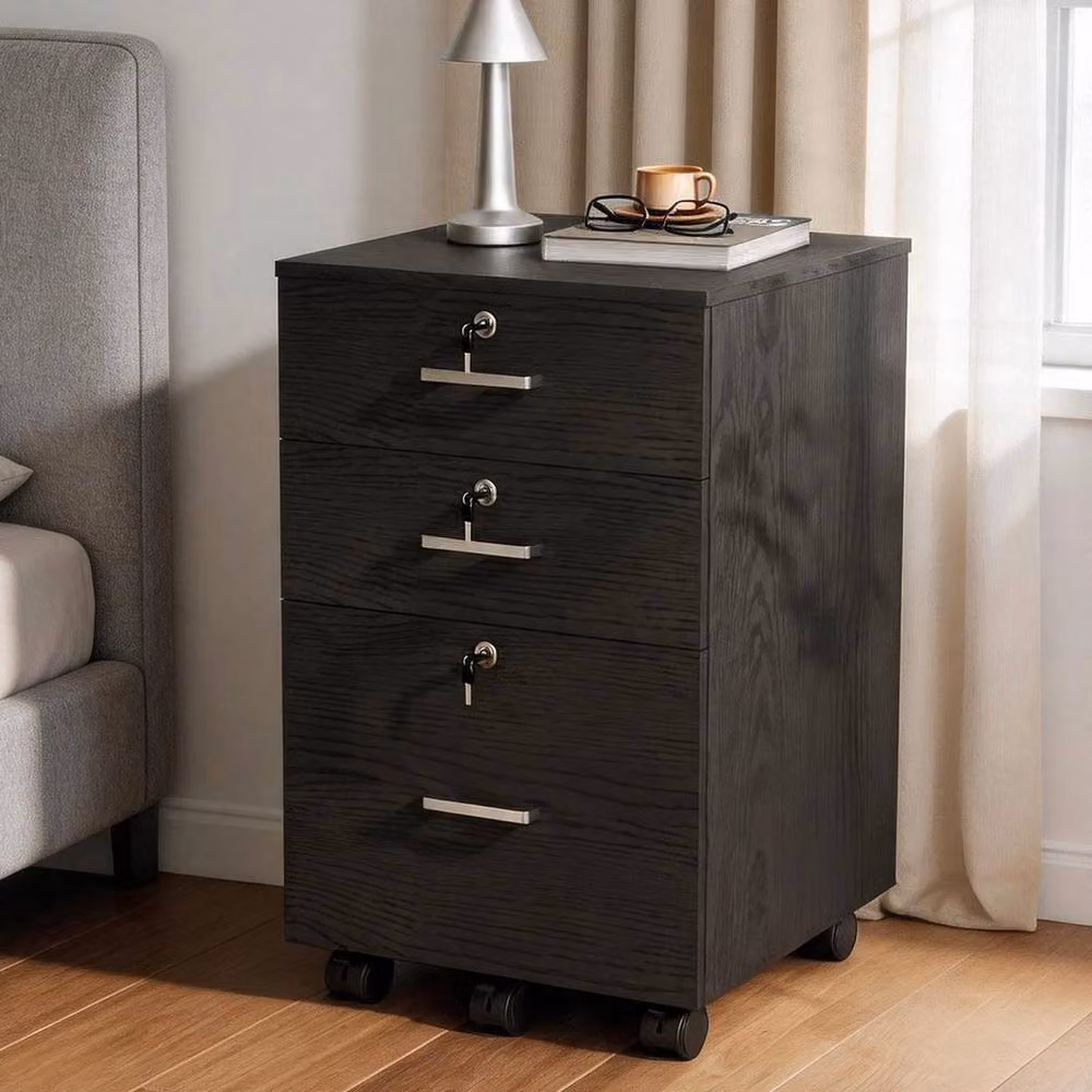 KORVIXA 3 Drawer Wooden Filing Cabinet with Castors in Black W/D/H: 100 x 100 x 100 cm – 4