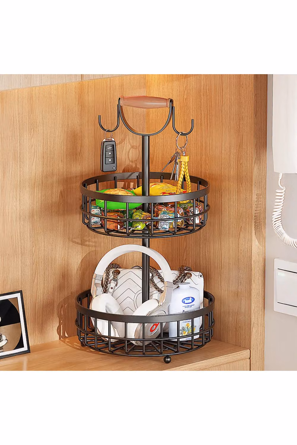Living and Home 2-Tier Fruit Basket Storage Rack with Hangers and Wooden Handle in Black – 2
