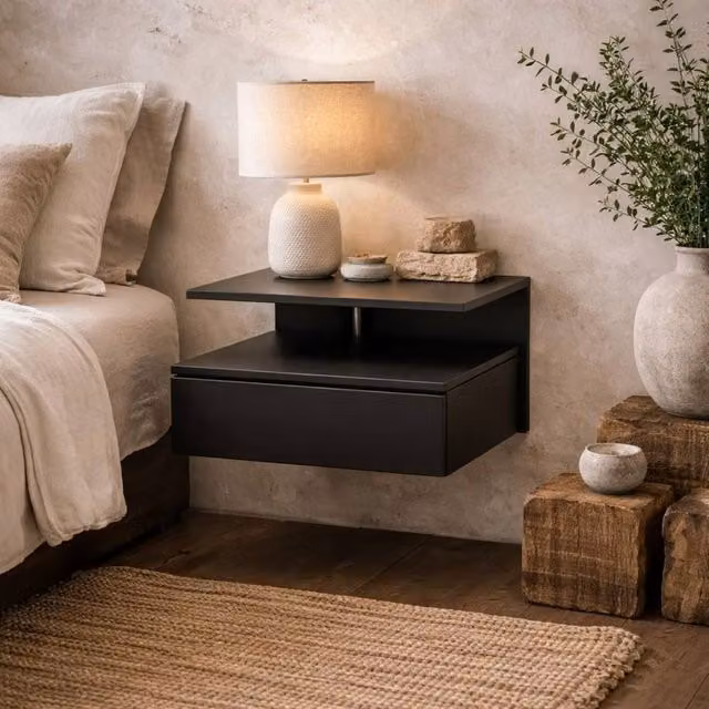 Wyld Haus Lincoln Black Floating Wooden Bedside Table with 1 Drawer and Open Shelf, W: 35.0 cm, D: 22.5 cm, H: 32.0 cm – 1
