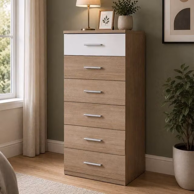 KDMD Belgravia Slim Chest of Drawers in Oak and White Gloss Brown