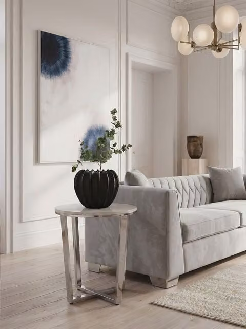 Orsina Round White Faux Marble End Table with Silver Metal Legs, W/D/H: 55 x 55 x 55 cm