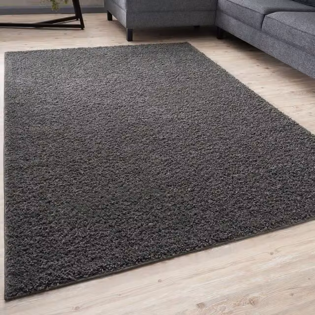 THE RUGS Soft Plain High Pile Shaggy Round Rug in Dark Grey, Diameter: 120 cm – 1