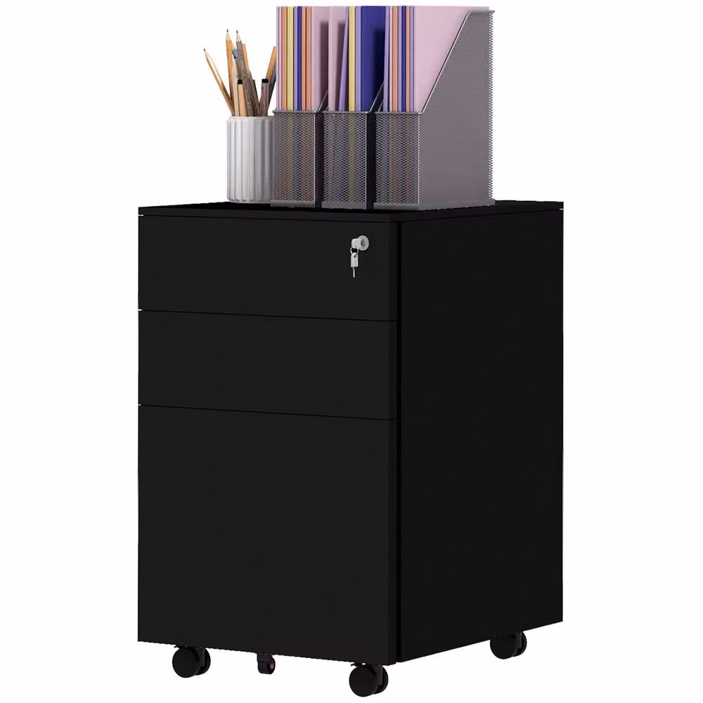 Rolipo Lockable 3-Drawer Steel Mobile Filing Cabinet with Pencil Tray in Matt Black – 2