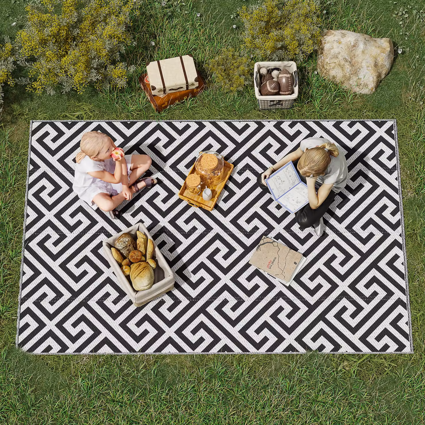 Outsunny Reversible Geometric Outdoor Rug in Black and White, W: 152 cm, D: 243 cm – 2
