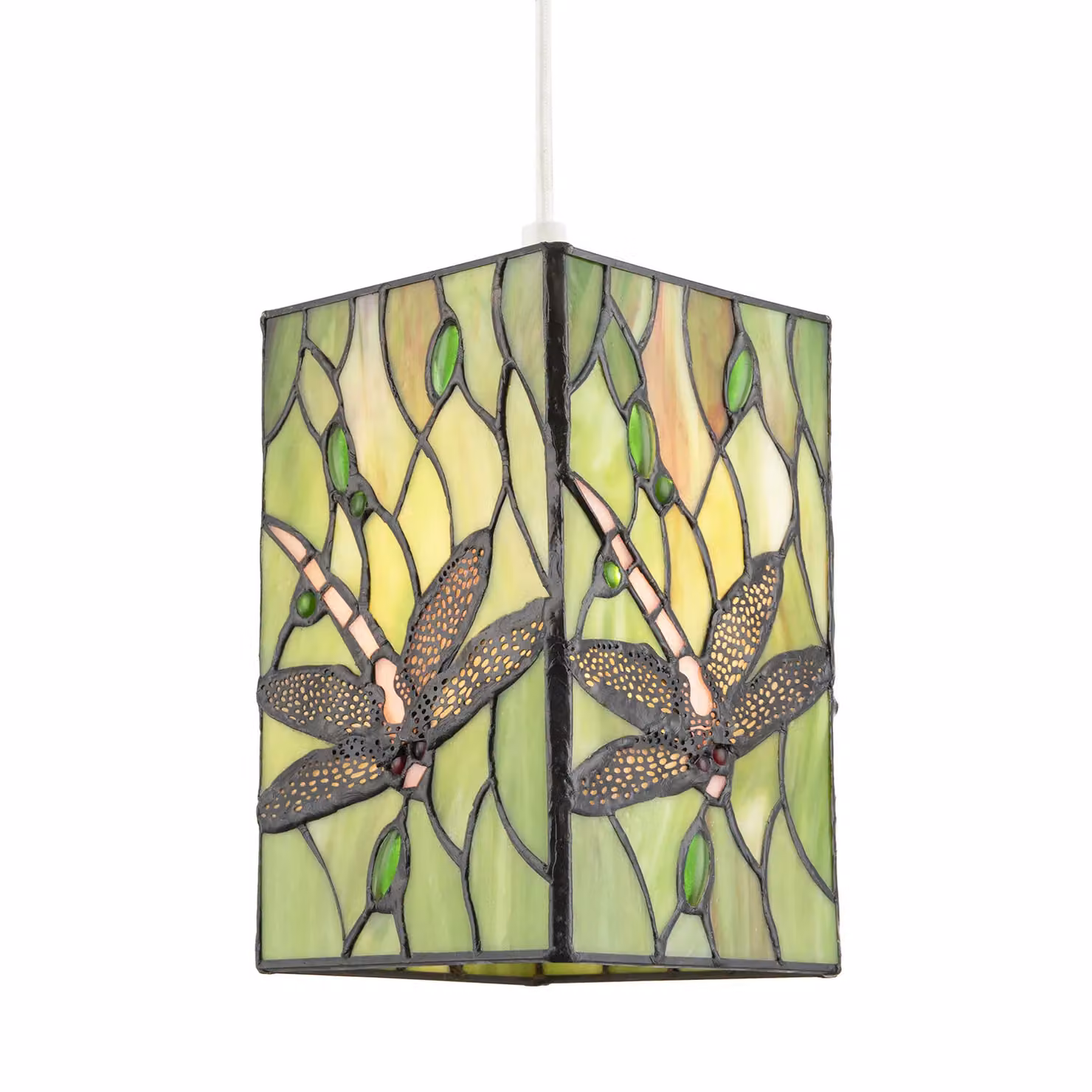 Happy Homewares Green Stained Glass Dragonfly Rectangular Tiffany Pendant Light Shade – 2