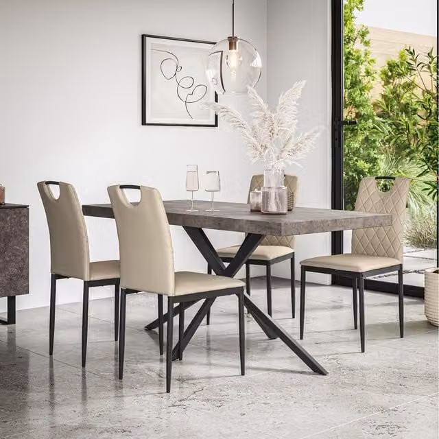 More4Homes Donni Dining Table with 6 Monza Faux Leather Chairs in Beige with Concrete Effect Top