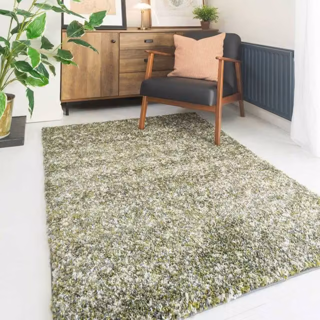 Kukoon Modern Abstract Shaggy Rug in Green and Grey, W: 80 cm, L: 150 cm