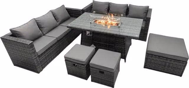 Fimous 9 Seater Rattan Garden Furniture Firepit Dining Set with Lounge Sofa, Table and 3 Footstools in Dark Grey