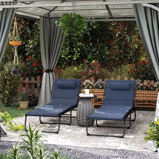 Outsunny Set of 2 Folding Sun Loungers in Blue with Adjustable Headrests and Powder Coated Steel Frame