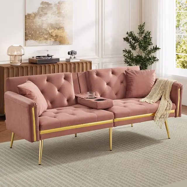 Aosom UK Pink Velvet Two-Seater Convertible Sofa Bed with Adjustable Backrest and Cup Holders, W/D/H: 174 x 76 x 71.5 cm – 1