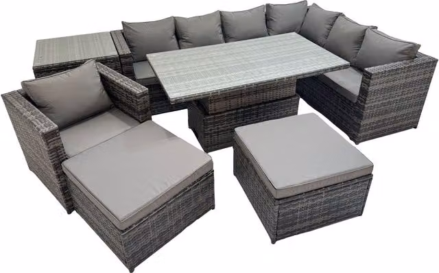 Fimous 9-Seater PE Rattan Corner Sofa Set with Rising Table in Dark Grey Mixed
