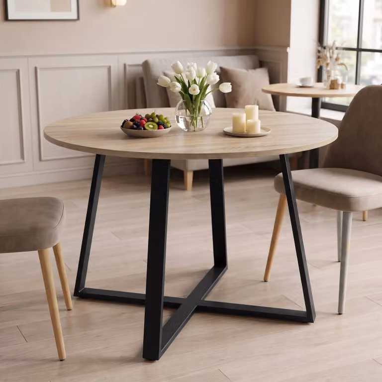 Round Sonoma Oak Wood Effect Dining Table with Black X-Frame Legs, Diameter: 110 cm, Height: 75 cm