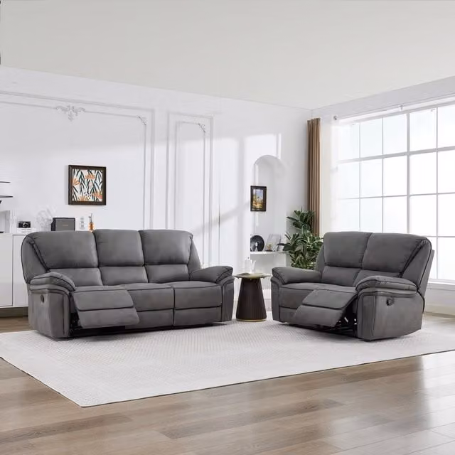 Furniture One Manual Reclining Leathaire Sofa Suite in Light Grey, 5 Seater