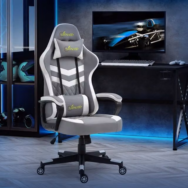 Vinsetto Lumbar Support Gaming and Office Chair in Grey and White Synthetic Leather with Headrest and Armrests