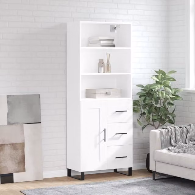 Berkfield Home Modern White Highboard with Hinged Doors and Internal Shelves, W/D/H: 69.5 x 34 x 180 cm