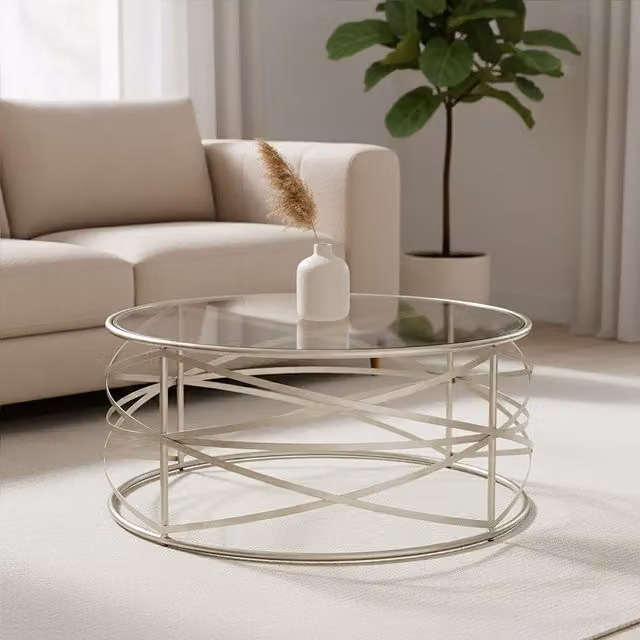 Interiors by Premier Rubia Modern Round Coffee Table with Silver Metal and Transparent Glass