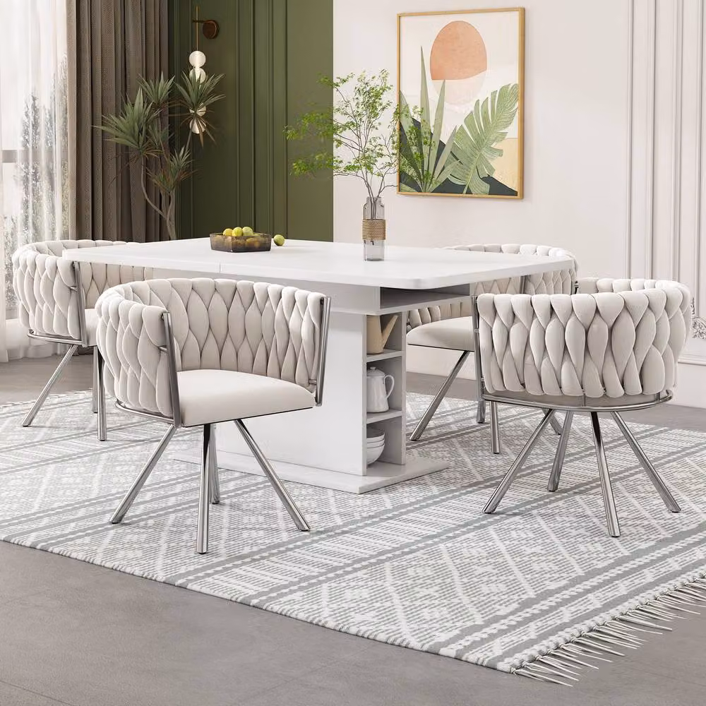 Merax Set of 4 Beige Velvet 360-Degree Swivel Dining Chairs with Metal Legs and Armrests – 2