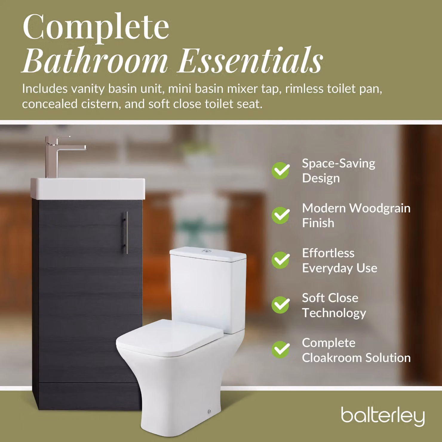 Balterley Modern Straight Floor Standing Cloakroom Vanity Unit with Soft Close Hinged Doors in Matt Black – 5