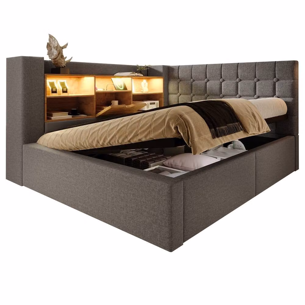 Merax Grey Fabric Double Ottoman Daybed with Reversible L-Shaped Headboard, USB Charging Port and Under-Bed Lighting, W/D/H: 140 x 200 x 135 cm – 5
