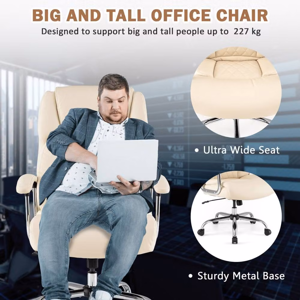 Costway Modern Executive Office Chair in Beige PU Leather with Headrest and Armrests – 3