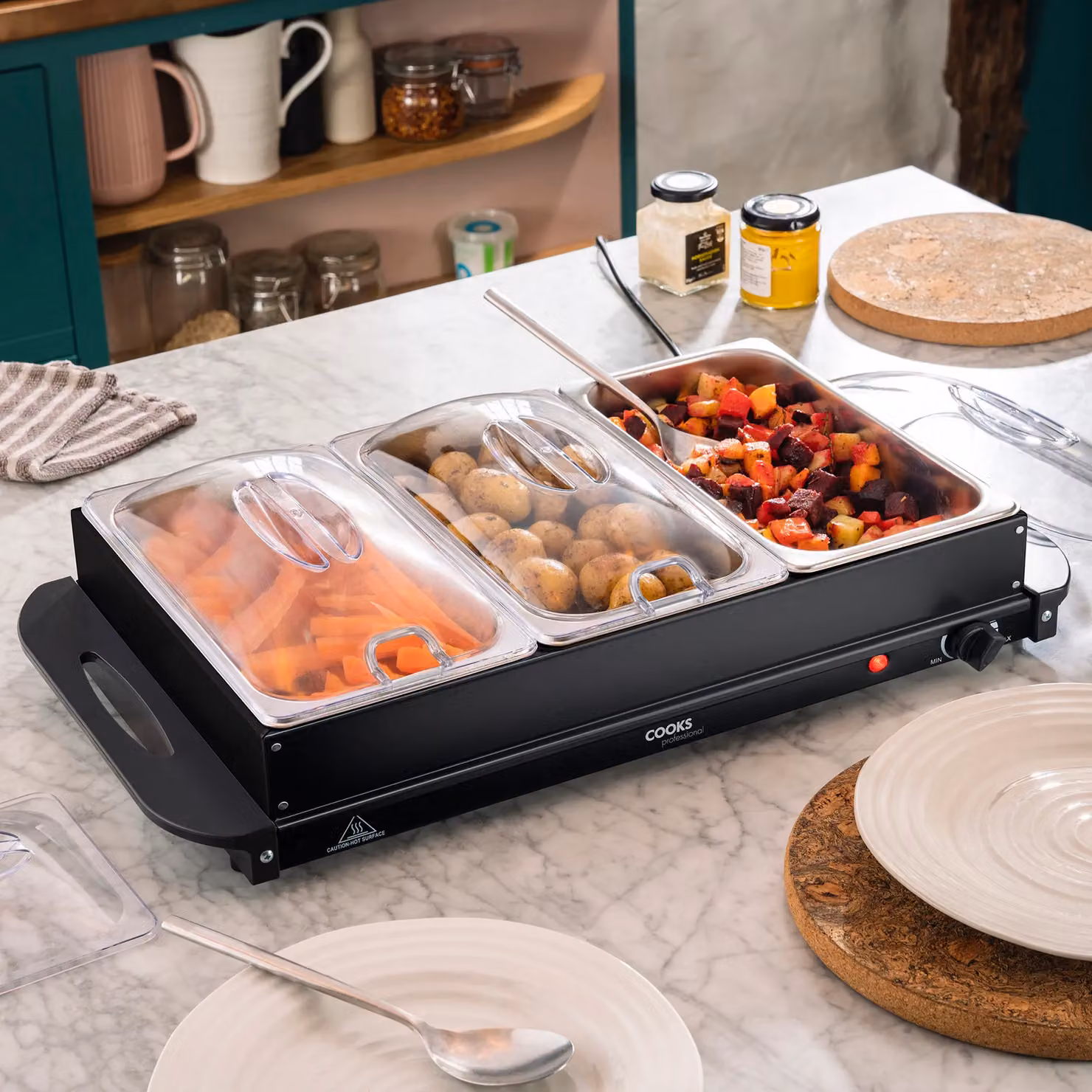 Cooks Professional 3-Section Electric Buffet Warmer with Hotplate Function and Adjustable Temperature, 4.5L, Black – 3