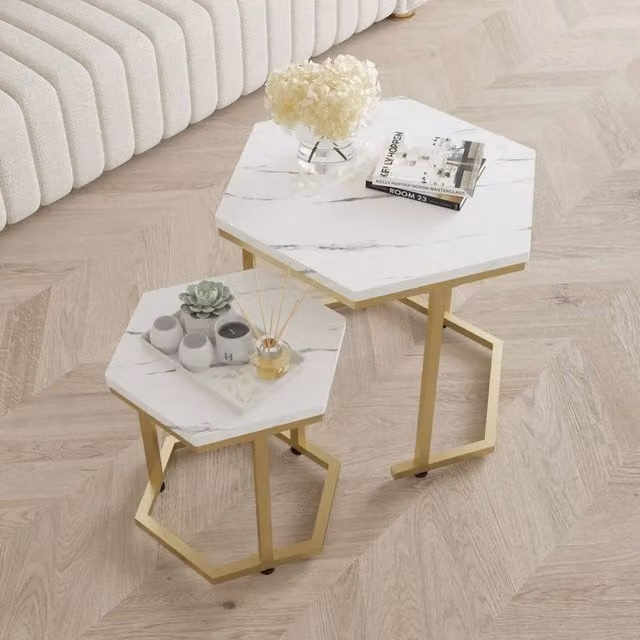 VOGREX Set of 2 White Marble MDF Nesting Side Tables with Gold Geometric Hexagon Frames