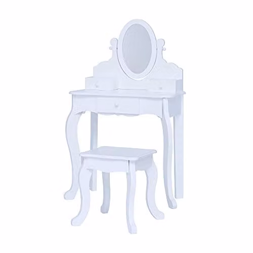 Teamson Kids Princess Rapunzel Wooden 2-Piece Vanity Play Set with Three Storage Drawers, Rotating Oval Mirror and Matching Stool, White, W: 69.9 cm, D: 41.3 cm, H: 25.4 cm – 1