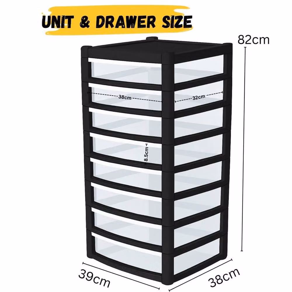 FORGEVIO 8 Tier Shallow Plastic Chest in Black and Transparent, Width: 50 cm – 2