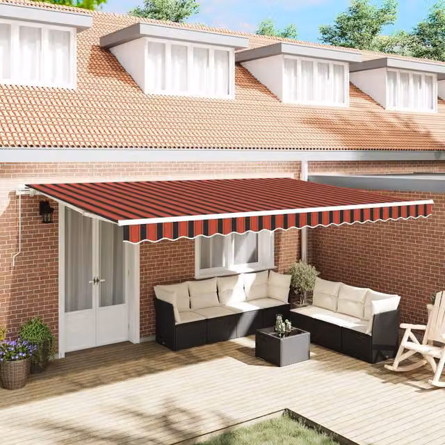 Berkfield Home Manual Retractable Striped Awning in Red, Orange and Brown, W/D/H: 500 x 300 x 300 cm