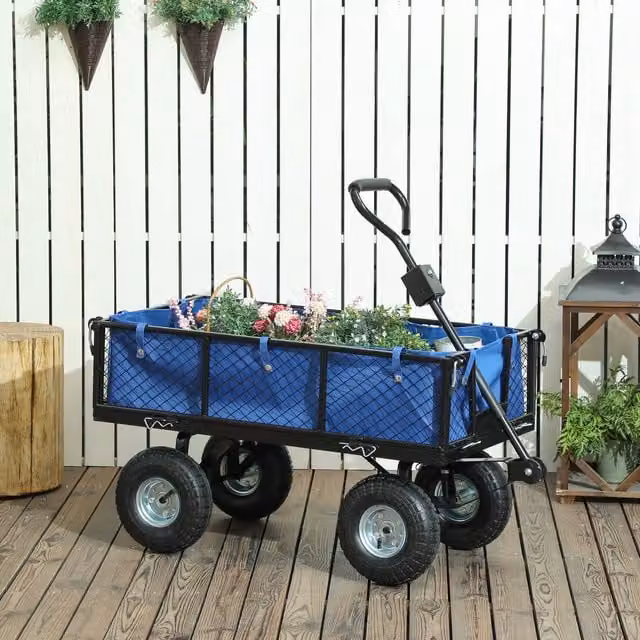 OUTSUNNY Garden Cart with Removable Liner and Quick-Release Sides, Blue