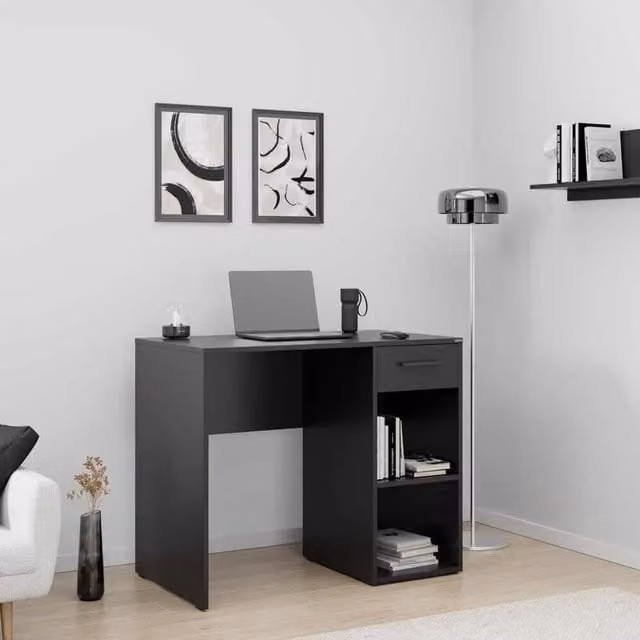 FWStyle Anthracite Grey Writing Desk with Single Pedestal Drawer and Shelves W: 90 cm, D: 52 cm, H: 75 cm – 1