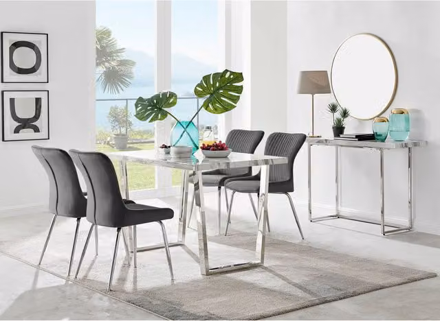 FurnitureboxUK Kylo White Marble Effect Dining Table and 4 Nora Silver Leg Chairs in Dark Grey