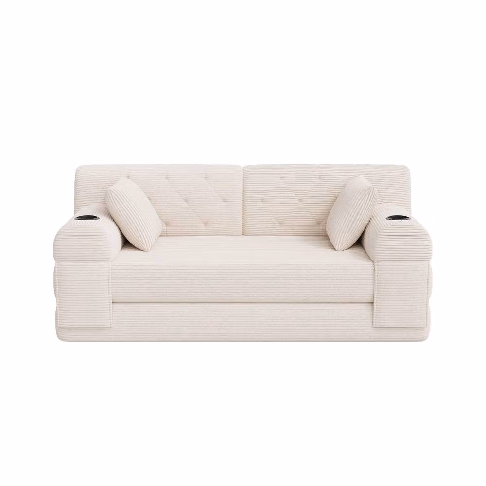 Rolipo 2-Seater Corduroy Sleeper Sofa Bed with Cup Holders in Beige, 140 x 190 cm – 2
