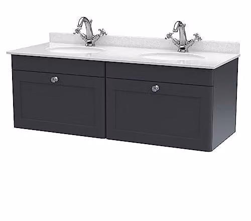 nuie Classique CLC1494WR2 Wall Hung 2 Drawer Unit with 1 Tap Hole Double Marble Top and Round Basin, Satin Anthracite/White/Soft Black, W: 122.0 cm, D: 47.0 cm, H: 50.9 cm