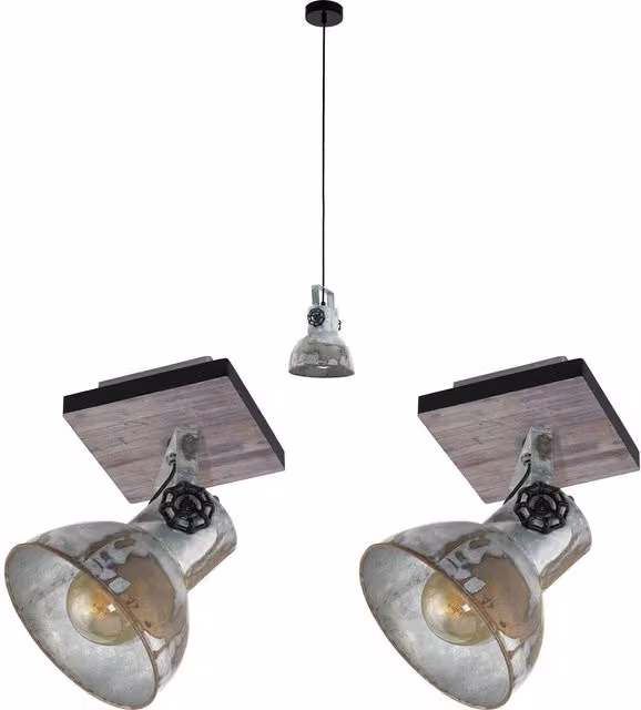 Loops Industrial Ceiling Pendant Light and 2x Matching Wall Lights in Black and Grey Metal and Wood