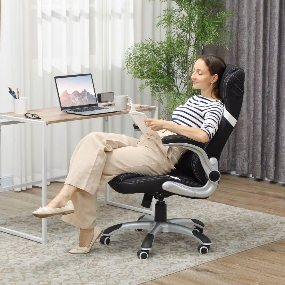 Rolipo Ergonomic Linen-Look Office Chair in Black with Adjustable Height, Tilt Function and 360 Degree Swivel – 3