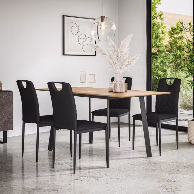More4Homes Haydon Extending Oak Effect Dining Table Set with 4 to 6 Black Monza Faux Leather Chairs, W/D/H: 120 x 80 x 76 cm