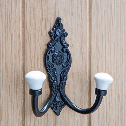 Hammer and Tongs Ornate Double White Ceramic and Iron Coat Hook - W: 10.0 cm, H: 11.5 cm - Black – 5