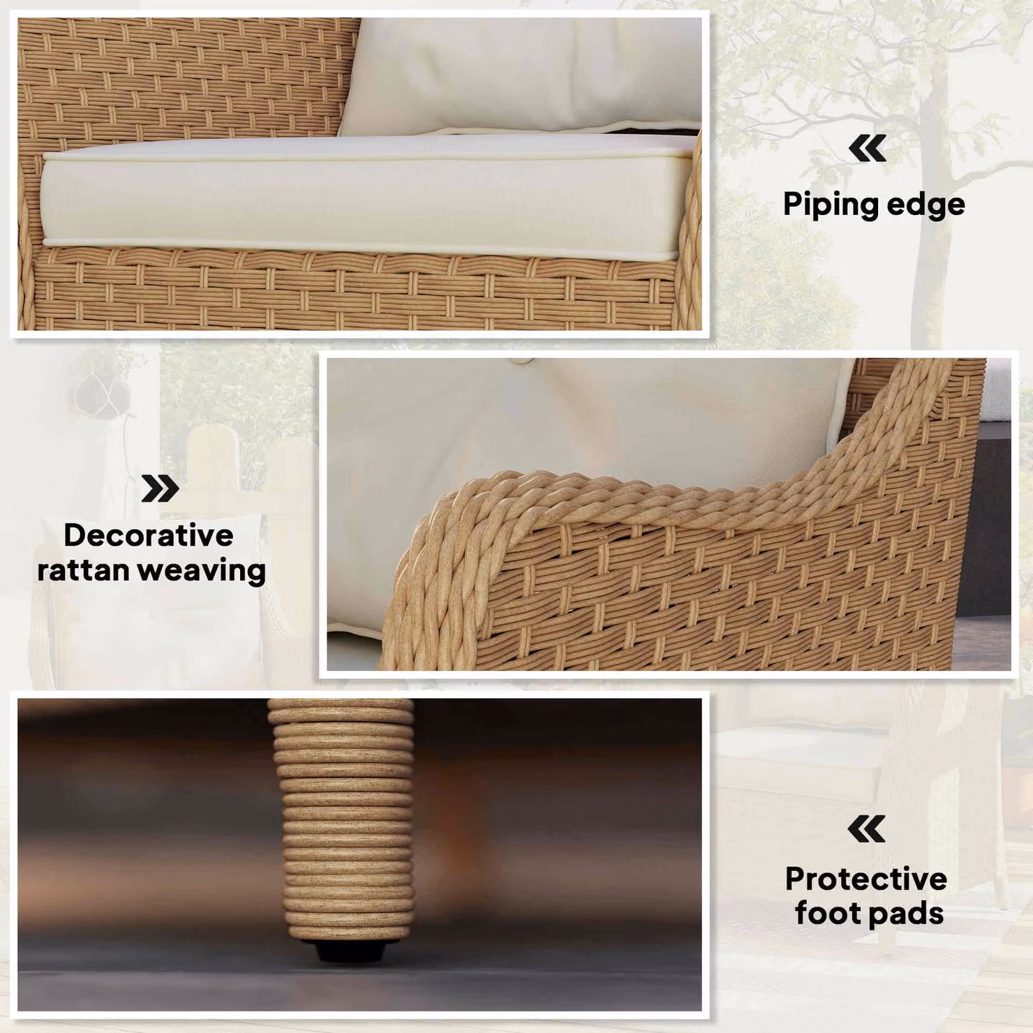 Outsunny Set of 2 Beige Rattan Garden Armchairs with Cushions and Steel Frame – 5