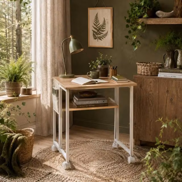 Wyld Haus Noni Drop Leaf Writing Desk in Natural Wood Finish and White, H 63 cm