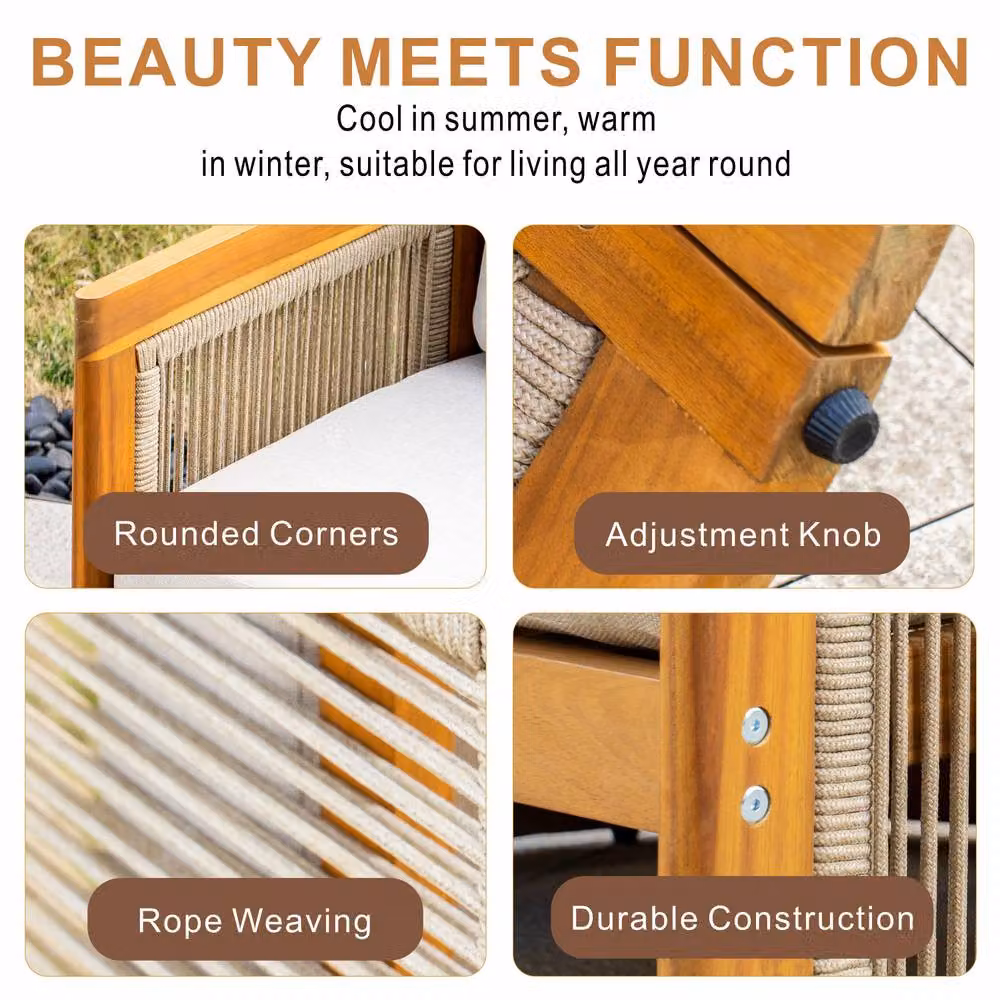 MIMO Outdoor Acacia Wood Three-Seat Sofa Set with Rope Detailing in Natural and Sand/Beige – 3