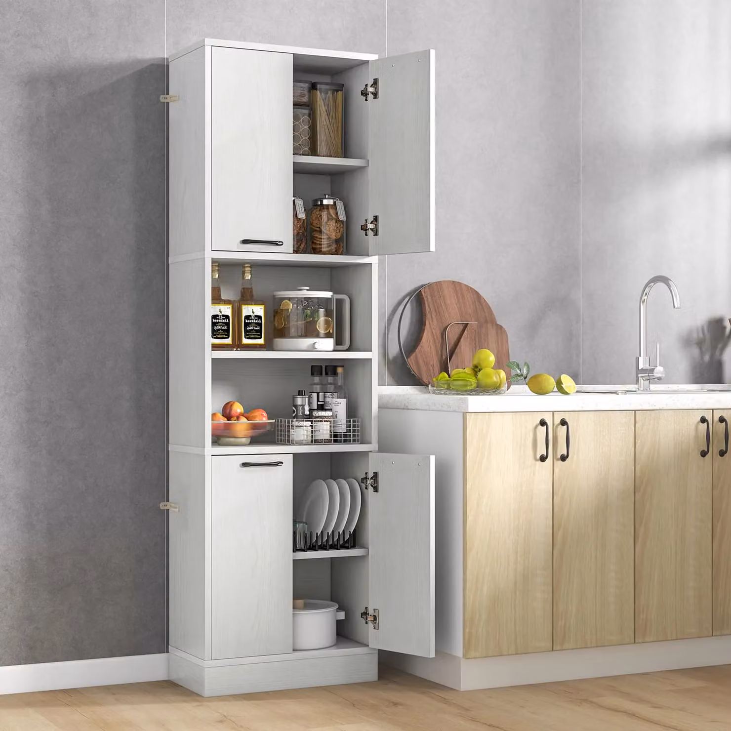 Gymax Freestanding Tall Kitchen Cabinet with Hinged Doors and Internal Shelves in Oak and White, Height: 190 cm – 2